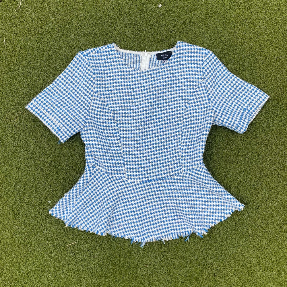 Blue and white tweed peplum gingham top